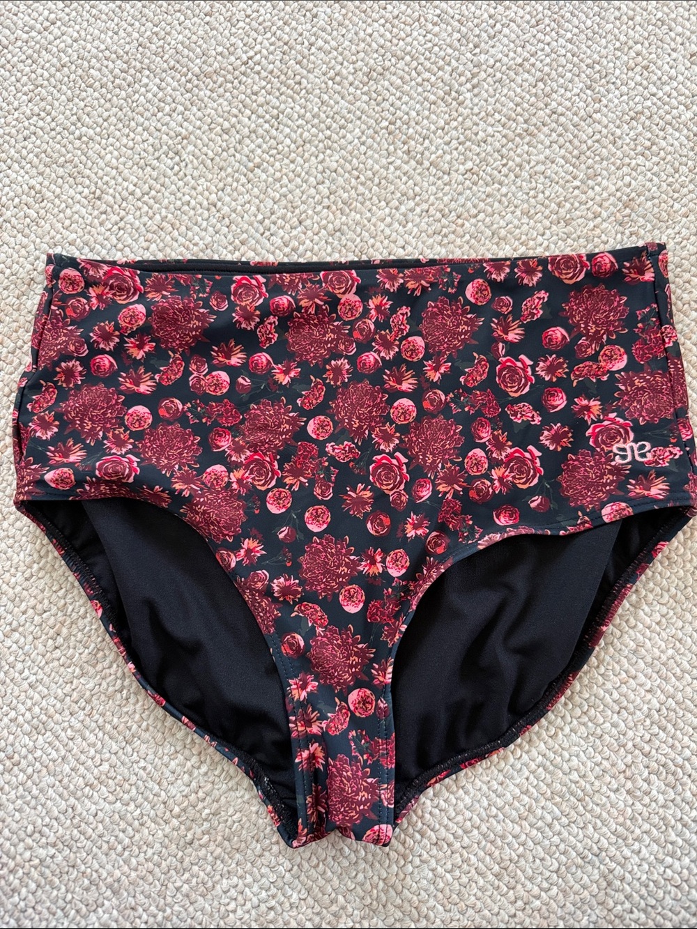 Albion Black High-Waist Bikini Bottoms with Red Floral Print